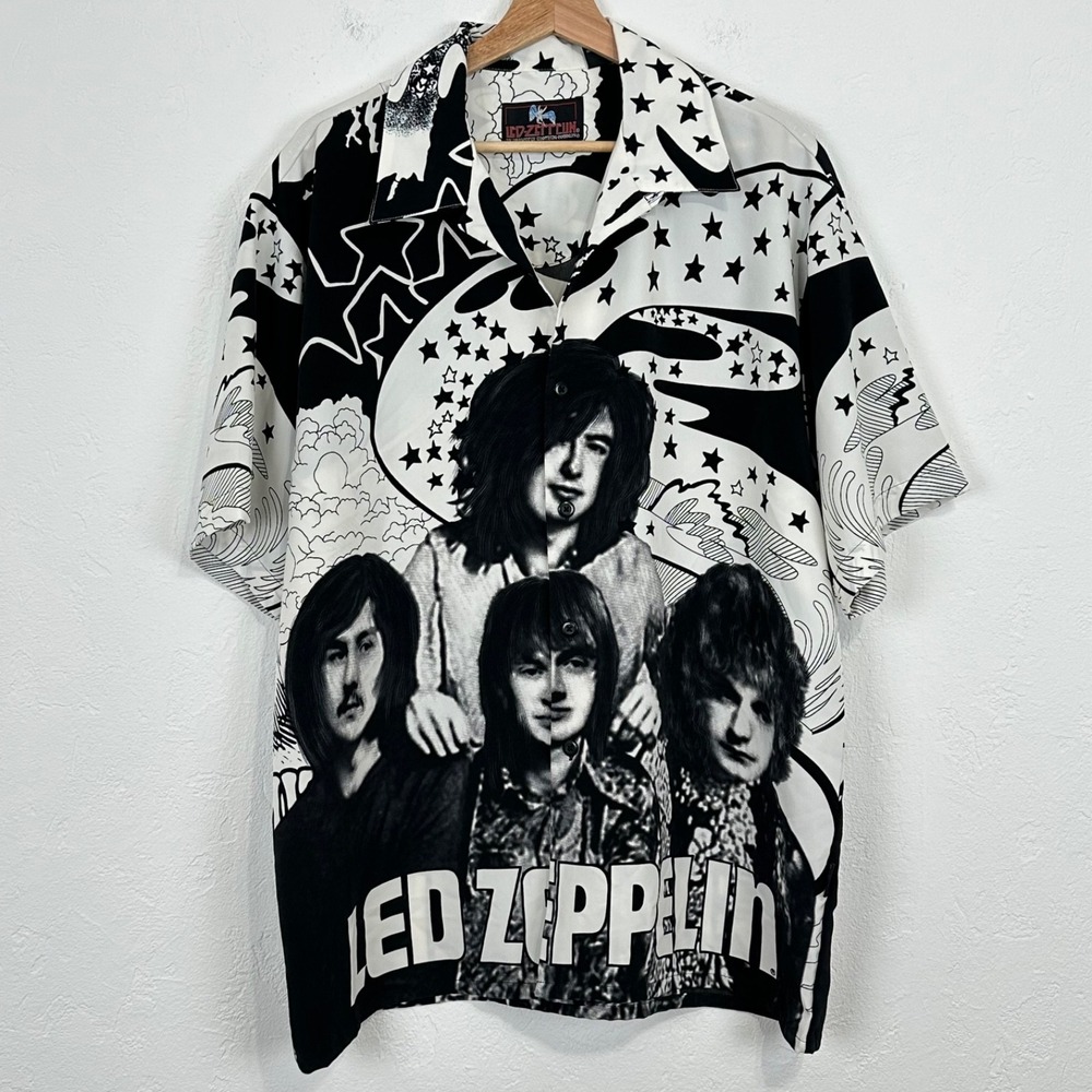 Vintage Dragonfly Mens Led Zeppelin Shirt Sz Large AOP Button Short Sleeve Band